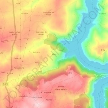 Mapa topográfico Xillán, altitude, relevo