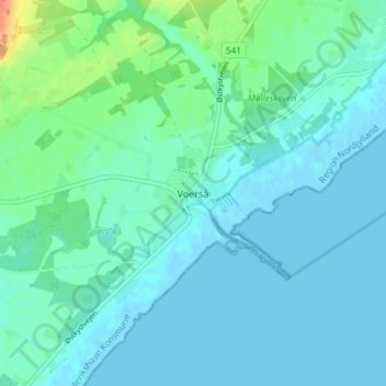 Mapa topográfico Voerså, altitude, relevo