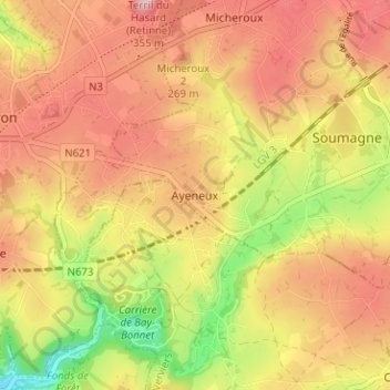 Mapa topográfico Ayeneux, altitude, relevo