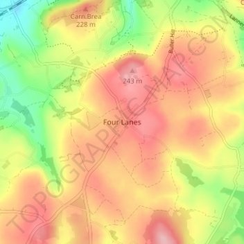 Mapa topográfico Four Lanes, altitude, relevo