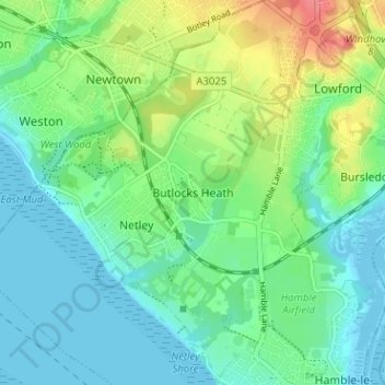 Mapa topográfico Butlocks Heath, altitude, relevo