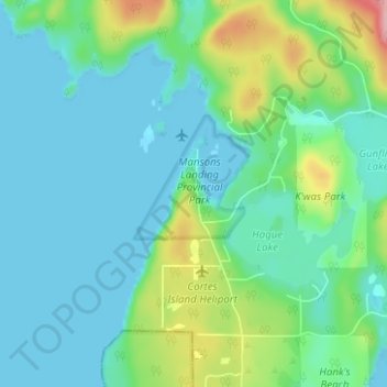 Mapa topográfico Mansons Landing, altitude, relevo