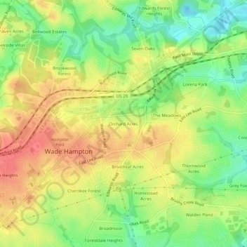 Mapa topográfico Orchard Acres, altitude, relevo