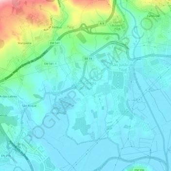 Mapa topográfico Santo Antão do Tojal, altitude, relevo