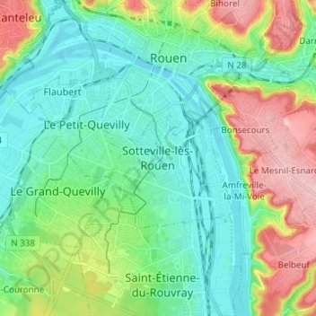 Mapa topográfico Sotteville-lès-Rouen, altitude, relevo
