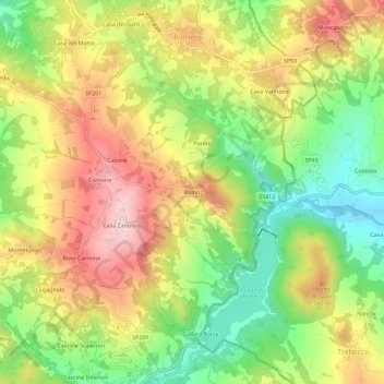 Mapa topográfico Ruino, altitude, relevo