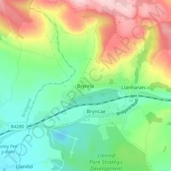Mapa topográfico Brynna, altitude, relevo