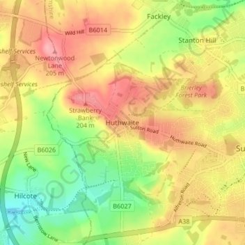 Mapa topográfico Huthwaite, altitude, relevo