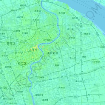 Mapa topográfico Pudong, altitude, relevo