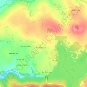 Mapa topográfico Kerféos, altitude, relevo