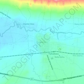 Mapa topográfico Tiawanacu, altitude, relevo