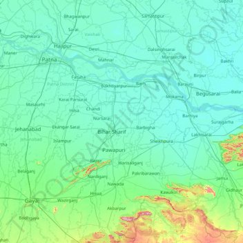 Mapa topográfico Nālanda, altitude, relevo