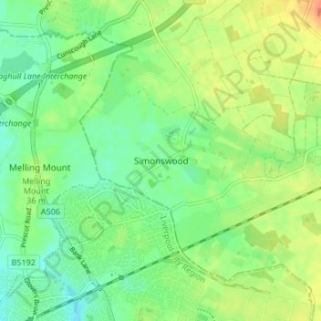 Mapa topográfico Simonswood, altitude, relevo
