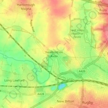 Mapa topográfico Newbold on Avon, altitude, relevo
