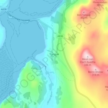 Mapa topográfico Tongue, altitude, relevo