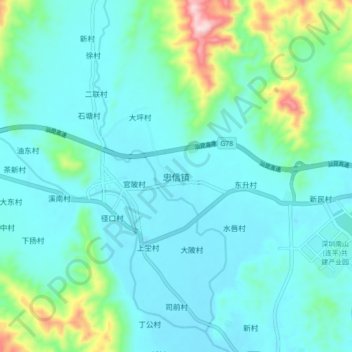 Mapa topográfico 忠信镇, altitude, relevo