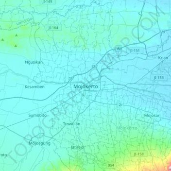 Mapa topográfico Mojokerto, altitude, relevo