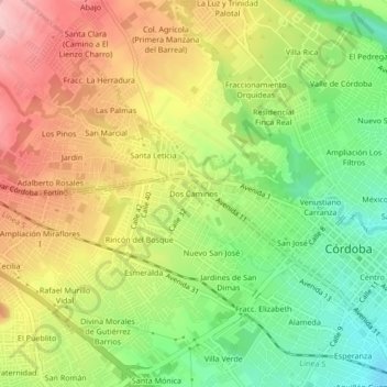 Mapa topográfico Dos Caminos, altitude, relevo