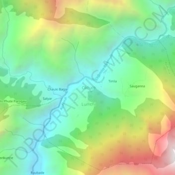 Mapa topográfico Okhal, altitude, relevo