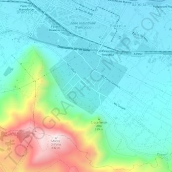 Mapa topográfico Ciaculli, altitude, relevo
