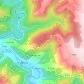 Mapa topográfico Les Veyssières, altitude, relevo