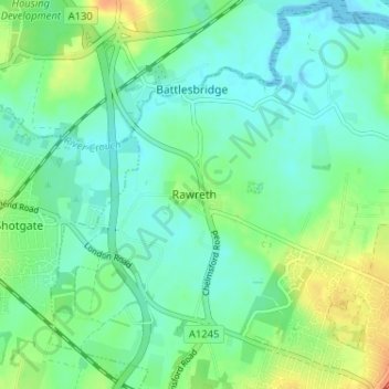 Mapa topográfico Rawreth, altitude, relevo