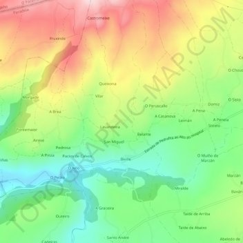 Mapa topográfico Cortiñas, altitude, relevo