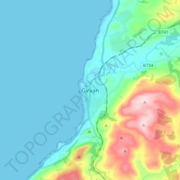 Mapa topográfico Girvan, altitude, relevo