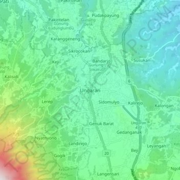 Mapa topográfico Ungaran, altitude, relevo