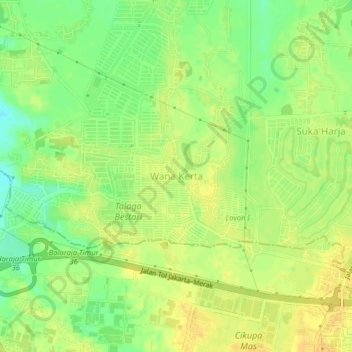 Mapa topográfico Wana Kerta, altitude, relevo