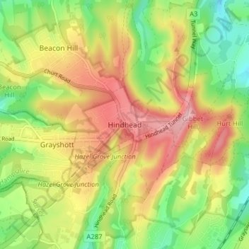 Mapa topográfico Hindhead, altitude, relevo