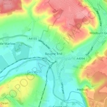 Mapa topográfico Bourne End, altitude, relevo