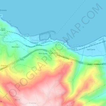 Mapa topográfico Scafa Alta, altitude, relevo
