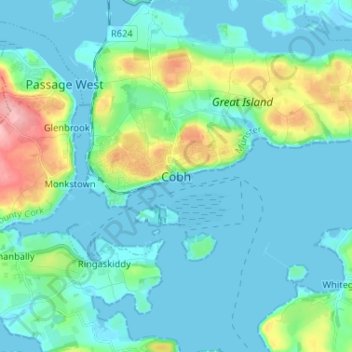Mapa topográfico Cobh, altitude, relevo