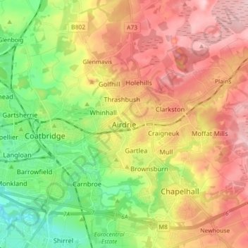 Mapa topográfico Airdrie, altitude, relevo
