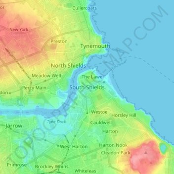 Mapa topográfico South Shields, altitude, relevo