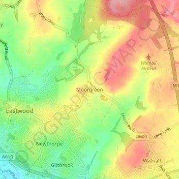 Mapa topográfico Moorgreen, altitude, relevo