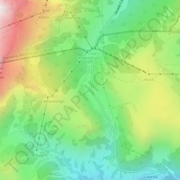 Mapa topográfico Passo Campolongo, altitude, relevo