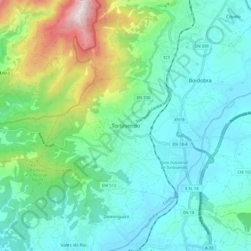 Mapa topográfico Tortosendo, altitude, relevo