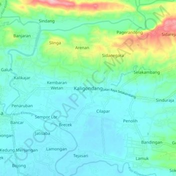 Mapa topográfico Kaligondang, altitude, relevo