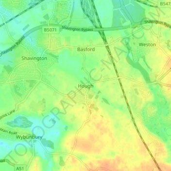 Mapa topográfico Hough, altitude, relevo