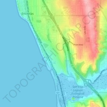 Mapa topográfico Cardiff-by-the-Sea, altitude, relevo
