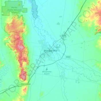 Mapa topográfico Wangaratta, altitude, relevo