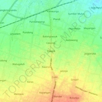 Mapa topográfico Diwek, altitude, relevo