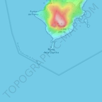 Mapa topográfico Punta della Guardia, altitude, relevo
