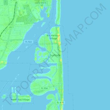 Mapa topográfico Surfside, altitude, relevo