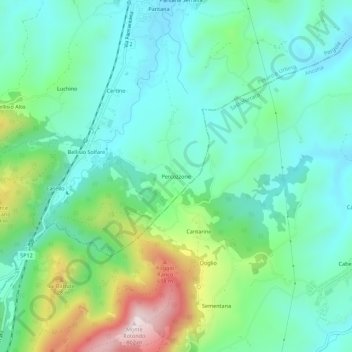 Mapa topográfico Percozzone, altitude, relevo
