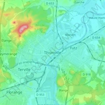 Mapa topográfico Thionville, altitude, relevo