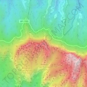Mapa topográfico Coll del Lloro, altitude, relevo