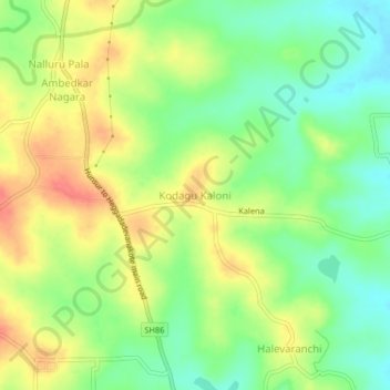 Mapa topográfico Kodagu Kaloni, altitude, relevo